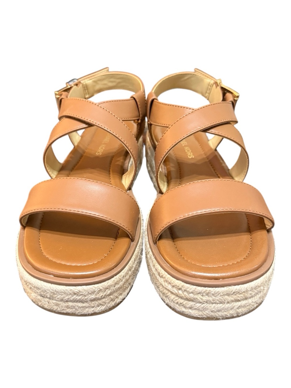 Michael Kors Lynn Espadrille Platform Sandals Luggage Leather Size 7 NIB